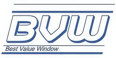 A blue and white logo for the blue vue window company. Best Value Window