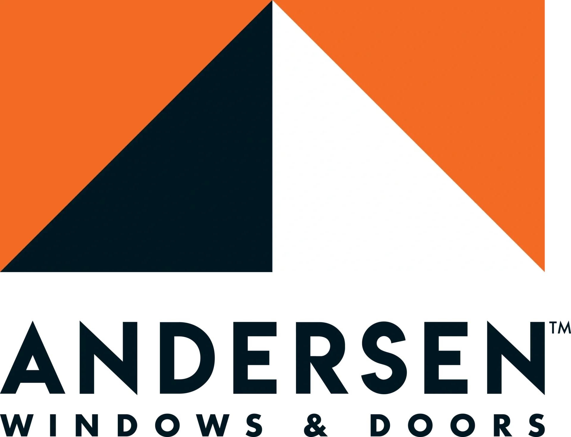 A black, white and orange triangle with the word "andersen windows and doors".