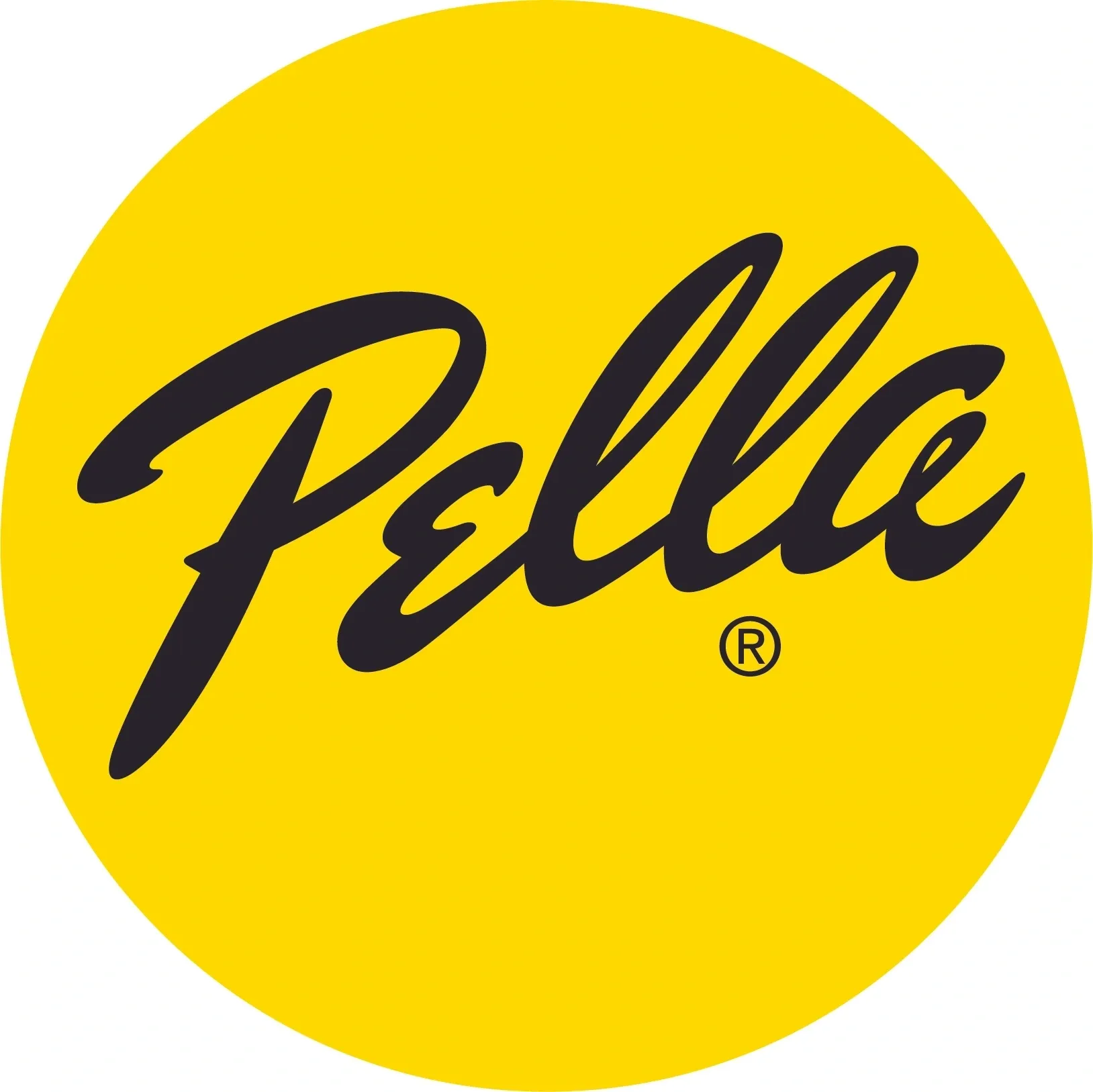 A yellow circle with the word pella written in black. Pella